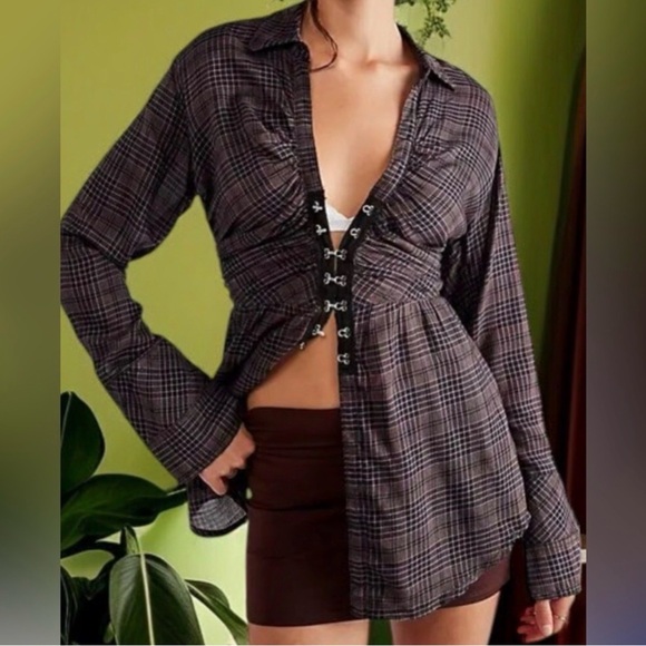 Free People We the Free Catalina Ruched Plaid Front hook Button-Front Women Top - Picture 2 of 12